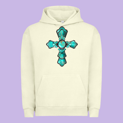 Western Turquoise Gemstone Cross Urban Hoodie Designed By Barkaloodesign