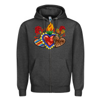Charcoal Heather Sacred heart with leopard and serape heart Zipper Hoodie - RanaPortraitStore
