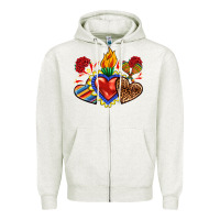 Oatmeal Heather Sacred heart with leopard and serape heart Zipper Hoodie - RanaPortraitStore