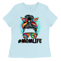 Baby Blue tie dye momlife messy bun Ladies Tee - BarkalooDesign