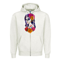 Oatmeal Heather sugar skull girl Zipper Hoodie - RanaPortraitStore