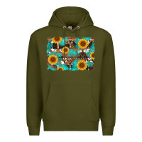 Army Green sunflower and cowhides with wood and turquoise background Premium Hoodie - Artiststas