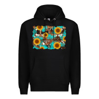 Black sunflower and cowhides with wood and turquoise background Premium Hoodie - Artiststas