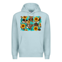 Blue Mist sunflower and cowhides with wood and turquoise background Premium Hoodie - Artiststas
