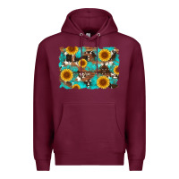 Burgundy sunflower and cowhides with wood and turquoise background Premium Hoodie - Artiststas
