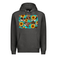 Charcoal Heather sunflower and cowhides with wood and turquoise background Premium Hoodie - Artiststas