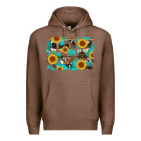 Chestnut sunflower and cowhides with wood and turquoise background Premium Hoodie - Artiststas
