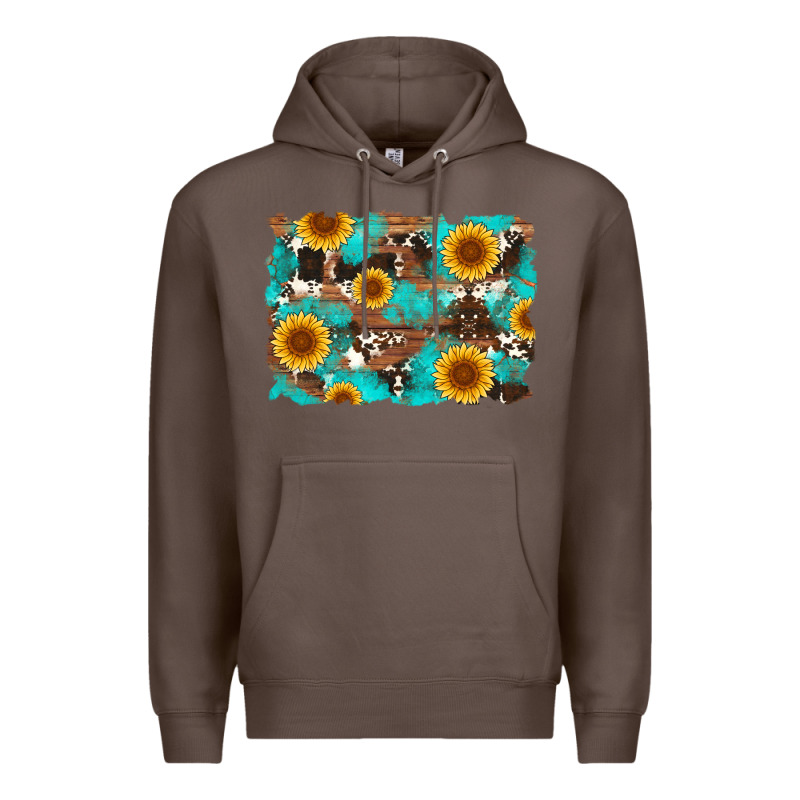 Sunflower And Cowhides With Wood And Turquoise Background Premium Hoodie by Artiststas | Teevron