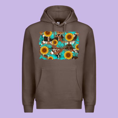 Sunflower And Cowhides With Wood And Turquoise Background Premium Hoodie Designed By Artiststas