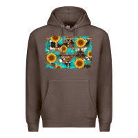 Coffee sunflower and cowhides with wood and turquoise background Premium Hoodie - Artiststas