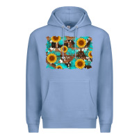 Colony Blue sunflower and cowhides with wood and turquoise background Premium Hoodie - Artiststas