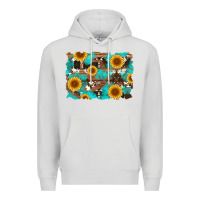 Dove Grey sunflower and cowhides with wood and turquoise background Premium Hoodie - Artiststas