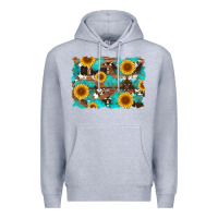 Heather Grey sunflower and cowhides with wood and turquoise background Premium Hoodie - Artiststas