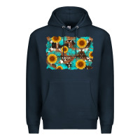 Navy sunflower and cowhides with wood and turquoise background Premium Hoodie - Artiststas