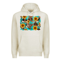Oatmeal Heather sunflower and cowhides with wood and turquoise background Premium Hoodie - Artiststas