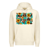 Sandshell sunflower and cowhides with wood and turquoise background Premium Hoodie - Artiststas