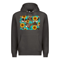 Smoke sunflower and cowhides with wood and turquoise background Premium Hoodie - Artiststas