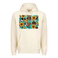 Tofu sunflower and cowhides with wood and turquoise background Premium Hoodie - Artiststas