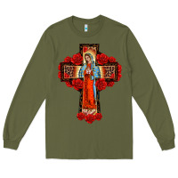 Army Green lady of guadalupe rose cross, Long Sleeve Tee - BarkalooDesign