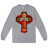 Heather Grey lady of guadalupe rose cross, Long Sleeve Tee - BarkalooDesign