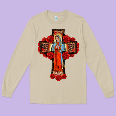 Lady Of Guadalupe Rose Cross, Long Sleeve Tee Designed By Barkaloodesign