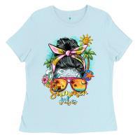 Baby Blue summer vibes messy bun Ladies Tee - BarkalooDesign