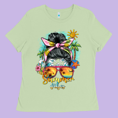 Summer Vibes Messy Bun Ladies Tee Designed By Barkaloodesign