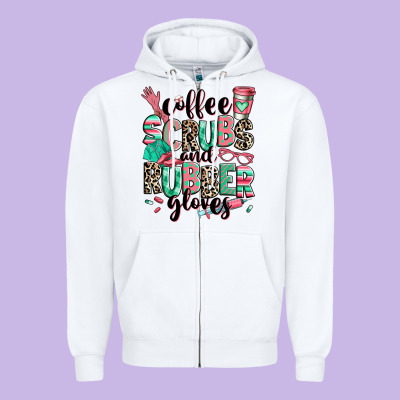 Zipper Hoodie coffee scrubs and rubber gloves