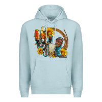 Blue Mist western cactus bullskull and boots with sunflowers and serape leopard Premium Hoodie - Artiststas