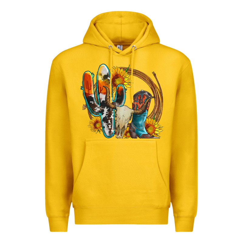 Western Cactus Bullskull And Boots With Sunflowers And Serape Leopard Premium Hoodie by Artiststas | Teevron