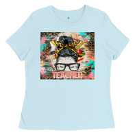 Baby Blue teacher messy bun tumbler Ladies Tee - BarkalooDesign