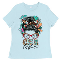 Baby Blue nurse cna life messy bun Ladies Tee - BarkalooDesign