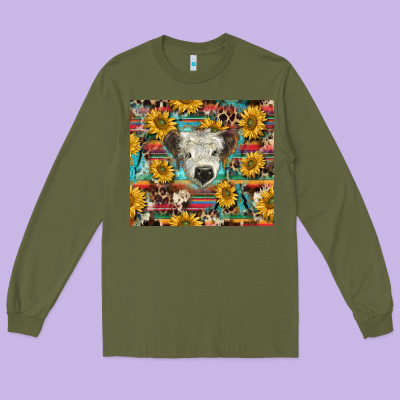 White Scottish Calf And Sunflowers Long Sleeve Tee Designed By Barkaloodesign