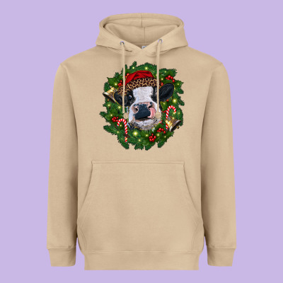 Heifer Cow With Christmas Wreath Heavyweight Hoodie Designed By Ranaportraitstore