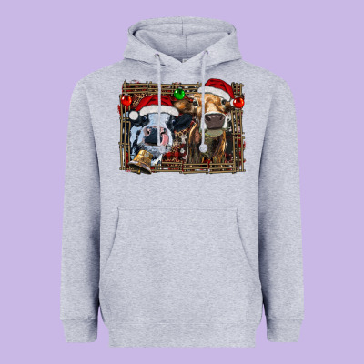 Christmas Heifers With Leopard And Cowhide Background Heavyweight Hoodie Designed By Ranaportraitstore