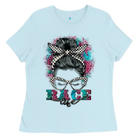 Baby Blue race life  messy bun Ladies Tee - BarkalooDesign