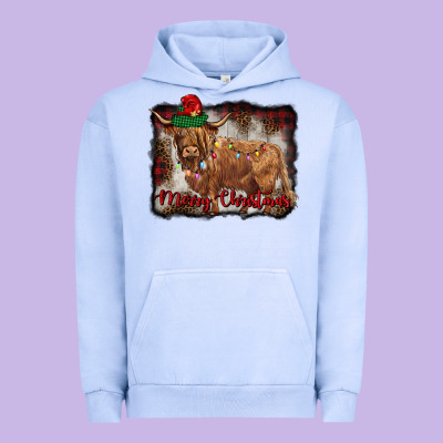 Merry Christmas Highland Cow Urban Hoodie Designed By Barkaloodesign