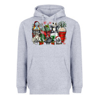 Heather Grey Christmas cartoon characters coffee cups Heavyweight Hoodie - Zillion Design Studio