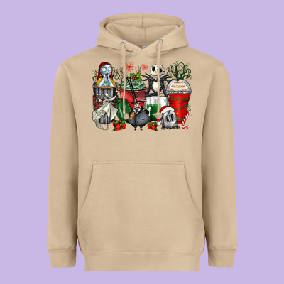 Christmas Cartoon Characters Coffee Cups Heavyweight Hoodie Designed By Zillion Design Studio