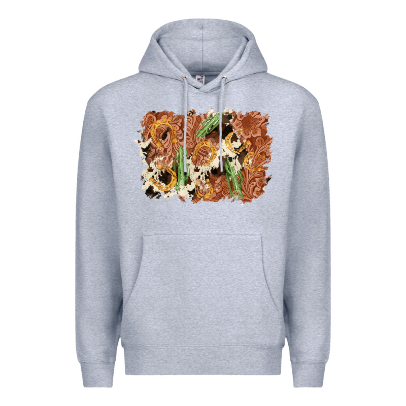 Horseshoe Cowhide Cactus Background Premium Hoodie by AdoDesignShop | Teevron