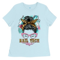 Baby Blue nail tech life messy bun Ladies Tee - BarkalooDesign