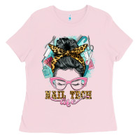 Bubblegum Pink nail tech life messy bun Ladies Tee - BarkalooDesign