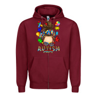 Burgundy messy bun autism mom Zipper Hoodie - RanaPortraitStore