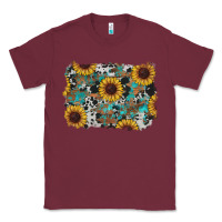 Burgundy western sunflowers turquoise cowhide background Classic Tee - RanaPortraitStore