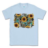 Dusty Blue western sunflowers turquoise cowhide background Classic Tee - RanaPortraitStore