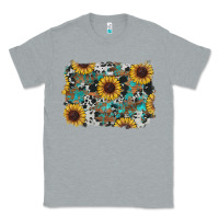 Heather Grey western sunflowers turquoise cowhide background Classic Tee - RanaPortraitStore