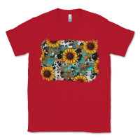 Red western sunflowers turquoise cowhide background Classic Tee - RanaPortraitStore