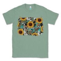 Sage western sunflowers turquoise cowhide background Classic Tee - RanaPortraitStore