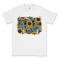 White western sunflowers turquoise cowhide background Classic Tee - RanaPortraitStore