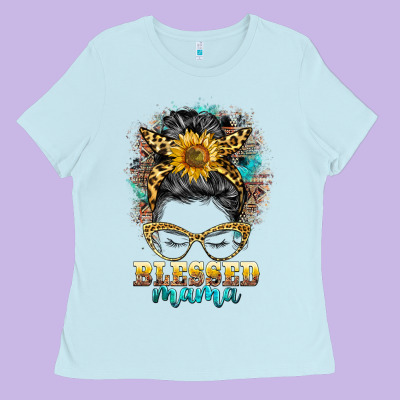 Blessed Mama Messy Bun Ladies Tee Designed By Barkaloodesign
